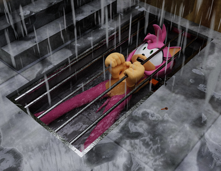 3d_(artwork) amy_rose anthro bdsm bondage bound cage cell damsel_in_distress digital_media_(artwork) djsmp eulipotyphlan female hedgehog hi_res imminent_death key lock mammal nude padlock panic peril prison pussy raining screaming smpthehedgehog solo sonic_(series) water