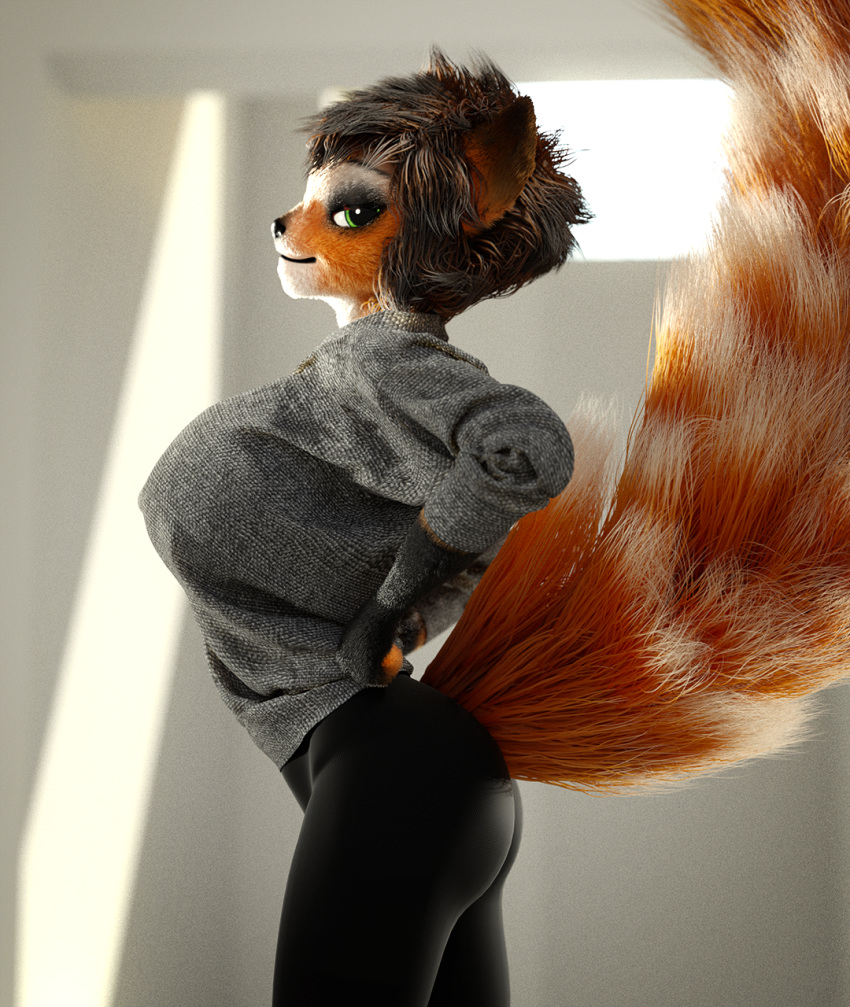 3d_(artwork) big_breasts big_tail breasts canid canine clothed clothing cubikore digital_media_(artwork) female fox hi_res huge_breasts mammal yoga_pants