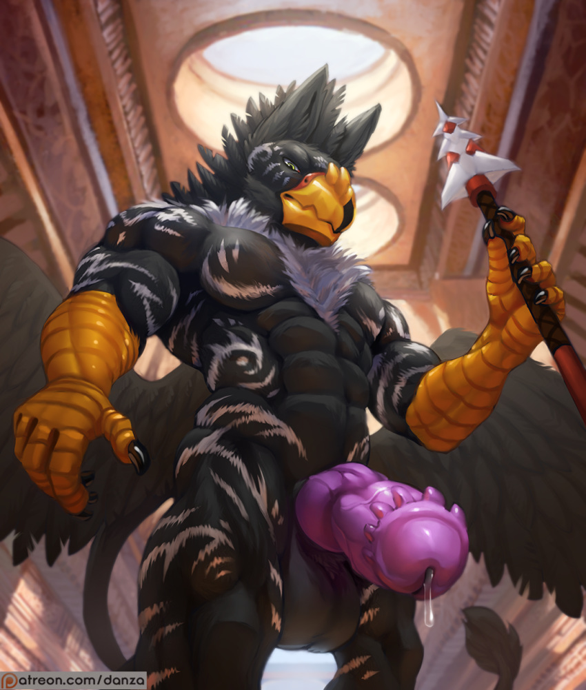 5_fingers abs animal_genitalia anthro avian balls biceps big_balls big_penis bodily_fluids claws conditional_dnp danza fingers first_person_view genital_fluids gryphon heavy hi_res knot looking_at_viewer low-angle_view male melee_weapon muscular muscular_male muscular_thighs patreon pecs penis penis_towards_viewer perspective pinup polearm pose precum purple_penis quads ritual sheath solo spear stormgryphon vein veiny_penis warrior weapon wings