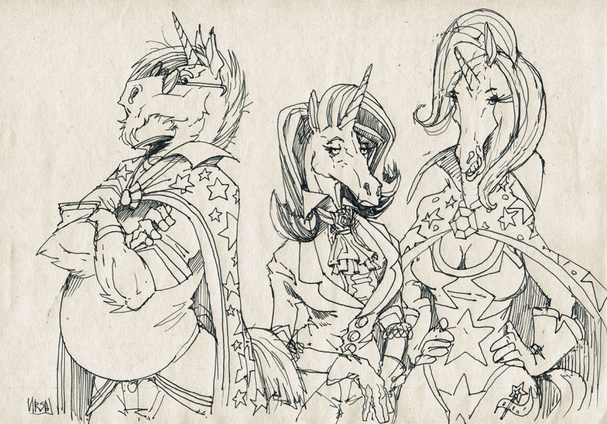 2019 anthro black_and_white cape clothed clothing equid eyewear female friendship_is_magic fur glasses gloves haifisch_ehrlich hair handwear horn male mammal monochrome my_little_pony simple_background standing sunburst_(mlp) traditional_media_(artwork) trixie_(mlp) unicorn