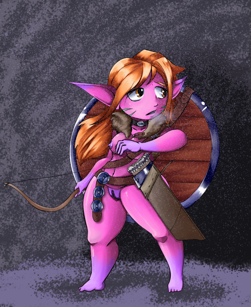 bow breasts colored digital_media_(artwork) female hair hi_res humanoid humanoid_pointy_ears imp little_b0t long_ears not_furry nude shield short_stack simple_background solo