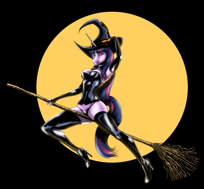 2019 anthro anthrofied armwear astraldog breasts broom broom_riding clothing collar corset equid female friendship_is_magic halloween hat headgear headwear hi_res holidays horn lingerie looking_at_viewer magic_user mammal my_little_pony rubber solo twilight_sparkle_(mlp) unicorn witch