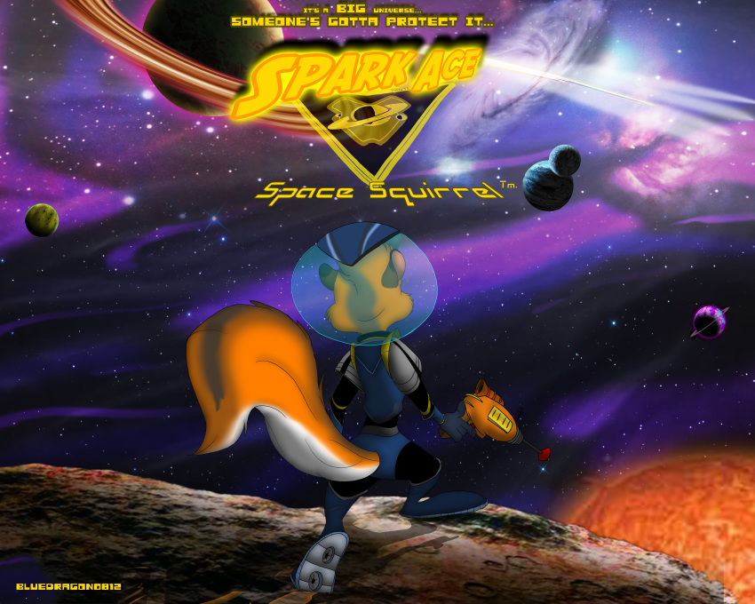 5:4 absurd_res artist_name bluedragon0812 brown_ears clothing copyright_name emblem full-length_portrait fur gloves handwear hi_res holding_object holding_weapon huge_filesize knee_up logo male mammal movie_poster orange_body orange_fur orange_tail planet portrait poster purple_sky ray_gun rear_view rodent science_fiction sciurid shadow sky slogan soles solo space space_helmet spacesuit spark_ace spark_ace_space_squirrel standing star starry_sky superabsurd_res trademark uniform weapon