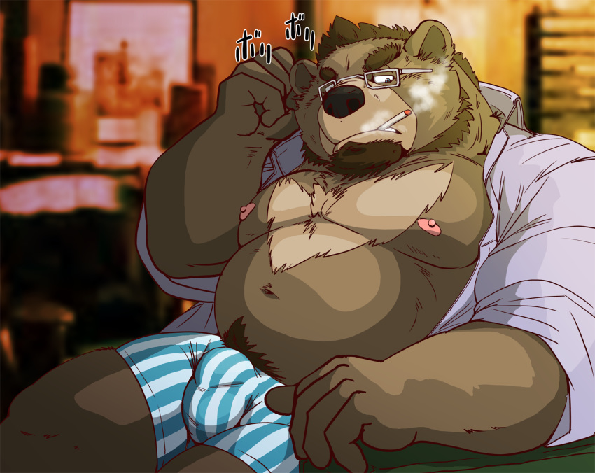 2019 anthro belly bulge clothing eyewear glasses humanoid_hands japanese_text male mammal moobs navel nipples overweight overweight_male pubes raichoclub sitting smoking solo text underwear ursid