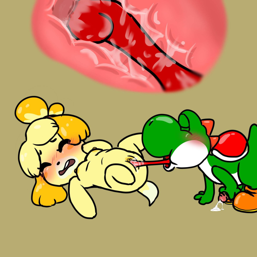 1:1 animal_crossing anthro blush bodily_fluids breasts canid canine cervix crying cunnilingus deep_cunnilingus digital_media_(artwork) duo embarrassed eyes_closed female genital_fluids hi_res internal interspecies isabelle_(animal_crossing) long_tongue lying male male/female mammal mario_bros masturbation muffinlewds nintendo nipples on_back oral penile penile_masturbation penis pussy sex spread_legs spreading tears tongue tongue_out vaginal video_games yoshi