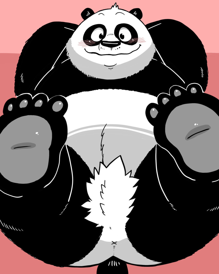 2019 anthro anus belly black_body black_fur black_nose blush butt dreamworks fur gayousi7 giant_panda hi_res kung_fu_panda male mammal master_po_ping overweight overweight_male simple_background solo ursid white_body white_fur x_anus