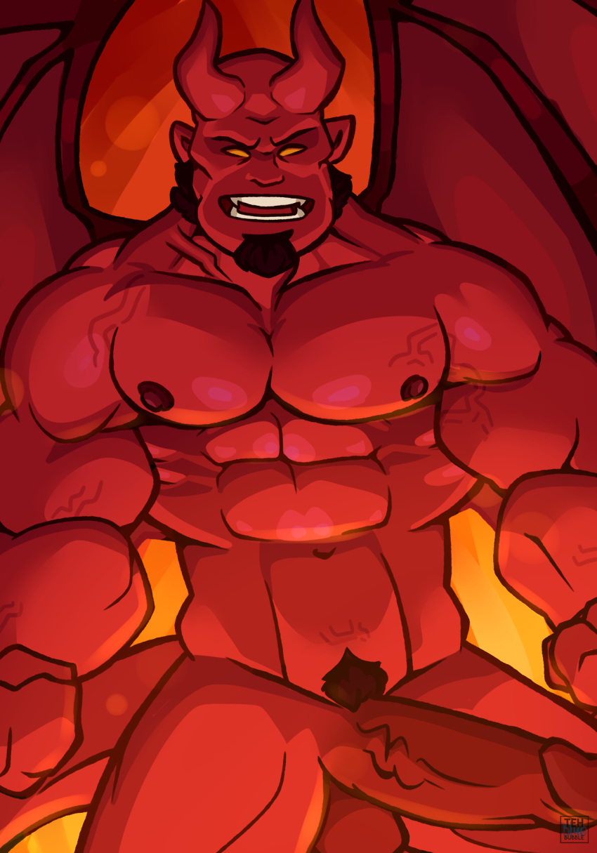 abs balls beard biceps big_muscles demon erection facial_hair hellboy_(character) hellboy_(series) hi_res horn humanoid_penis male muscular muscular_male navel nipples nude open_mouth pecs penis solo standing tehbluebubble vein veiny_muscles veiny_penis wings