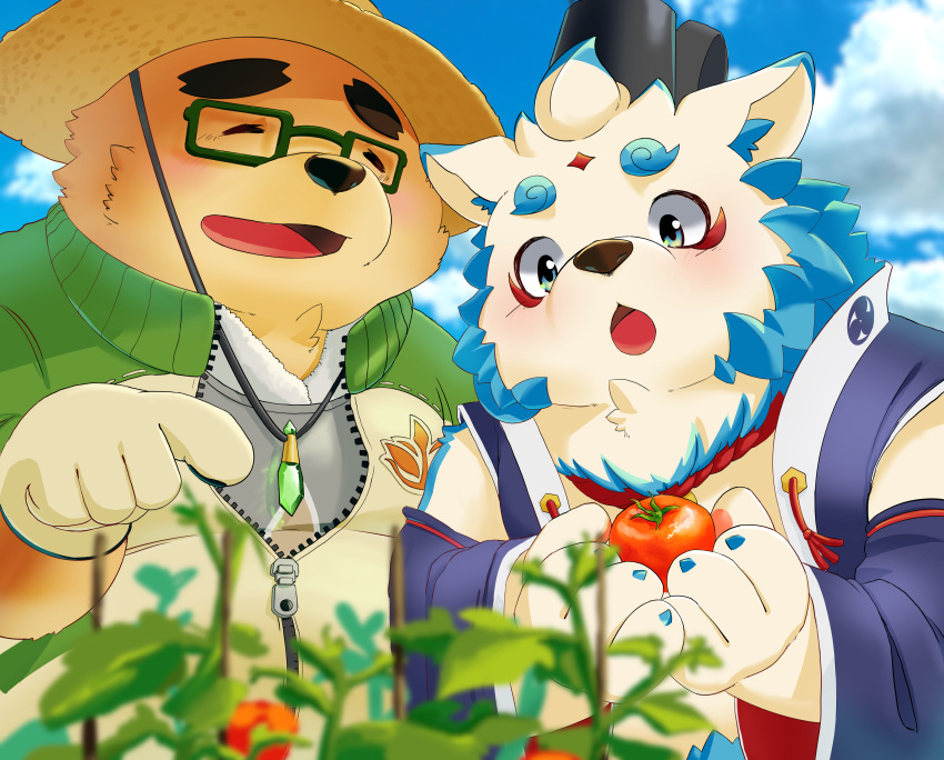 2019 absurd_res agyou anthro asian_mythology blush brown_body brown_fur clothed clothing duo east_asian_mythology eyes_closed eyewear foo_dog fur glasses gloves handwear hat headgear headwear hi_res humanoid_hands japanese_mythology komainu male mammal mythology nanon_1st slightly_chubby straw_hat tokyo_afterschool_summoners ursid video_games volos yōkai