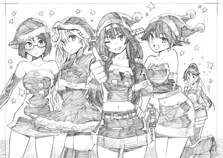 absurdres adapted_costume bare_shoulders blush breasts cleavage detached_sleeves dress flying_sweatdrops glasses graphite_(medium) hair_flaps hair_ornament hairclip hand_on_hip haruna_(kantai_collection) hat hiei_(kantai_collection) highleg highleg_panties highres hood houshou_(kantai_collection) kantai_collection kirishima_(kantai_collection) kojima_takeshi kongou_(kantai_collection) medium_breasts midriff monochrome navel one_eye_closed open_mouth panties ponytail sack santa_costume santa_hat shimakaze_(kantai_collection) short_hair skirt smile star strapless strapless_dress striped striped_legwear sweatdrop thighhighs thumbs_up traditional_media underwear zettai_ryouiki
