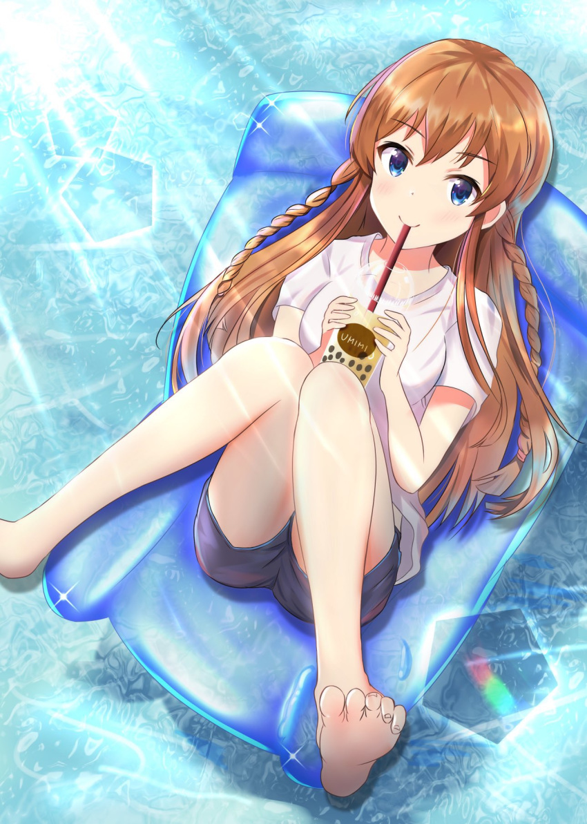 1girl bangs barefoot blue_eyes brown_hair bubble_tea closed_mouth cup day disposable_cup drink drinking drinking_straw eyebrows_visible_through_hair from_above grey_shorts highres holding holding_cup idolmaster idolmaster_million_live! kousaka_umi long_hair looking_at_viewer lying on_back shiny shiny_hair shirt short_shorts short_sleeves shorts smile so_korokoro soles solo sunlight very_long_hair white_shirt