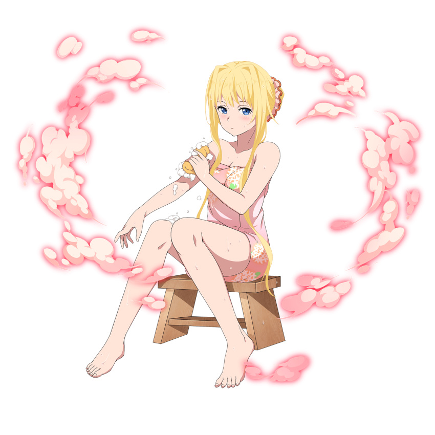 1girl alice_schuberg bad_id bangs blonde_hair blue_eyes blush breasts cleavage collarbone full_body hair_intakes highres medium_breasts naked_towel official_art pink_towel print_towel short_hair_with_long_locks sitting solo sweatdrop sword_art_online tied_hair towel transparent_background washing