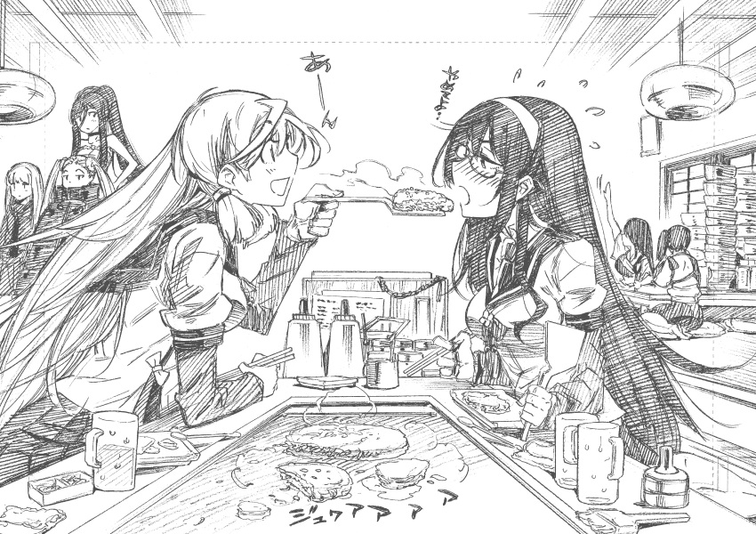 6+girls absurdres akagi_(kantai_collection) akashi_(kantai_collection) aoki_hagane_no_arpeggio blush food glasses graphite_(medium) greyscale hair_ribbon hairband haruna_(aoki_hagane_no_arpeggio) highres iona japanese_clothes kaga_(kantai_collection) kantai_collection kojima_takeshi long_hair monochrome multiple_girls muneate okonomiyaki ooyodo_(kantai_collection) open_mouth ponytail ribbon semi-rimless_eyewear side_ponytail smile takao_(aoki_hagane_no_arpeggio) traditional_media tress_ribbon twintails very_long_hair