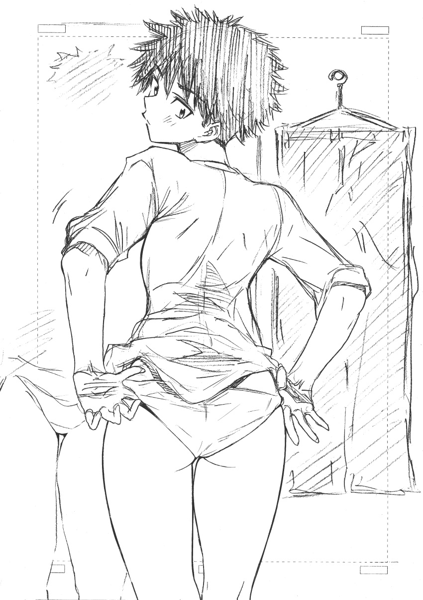 1girl absurdres ass clothes_hanger from_behind graphite_(medium) hatching_(texture) highres kojima_takeshi looking_back monochrome original panties pants pants_removed reverse_trap short_hair solo spiked_hair traditional_media underwear