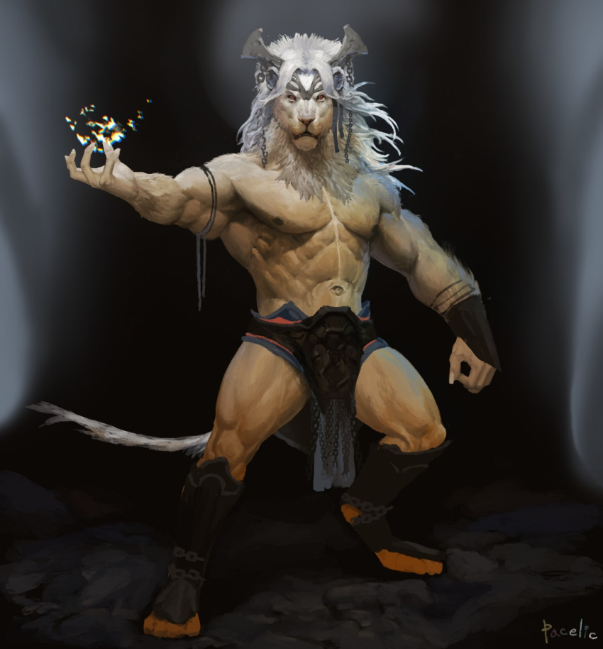 anthro clothing felid hi_res lion loincloth magic magic_user male mammal muscular navel nipples pacelic pantherine solo