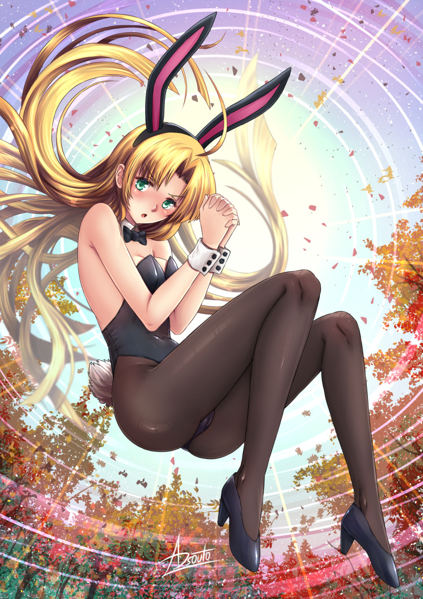 1girl :o adsouto ahoge animal_ears asia_argento ass autumn_leaves backlighting bangs bare_arms bare_shoulders black_bow black_footwear black_hairband black_leotard black_nails blonde_hair blush bow bowtie breasts brown_legwear bunny_ears bunny_tail bunnysuit detached_collar elbow_gloves fake_animal_ears fake_tail floating full_body gloves green_eyes hairband hands_clasped high_heels high_school_dxd highres leaf leotard long_hair looking_at_viewer medium_breasts open_mouth own_hands_together pantyhose parted_bangs signature sky solo strapless strapless_leotard sunlight tail thighs v-shaped_eyebrows very_long_hair