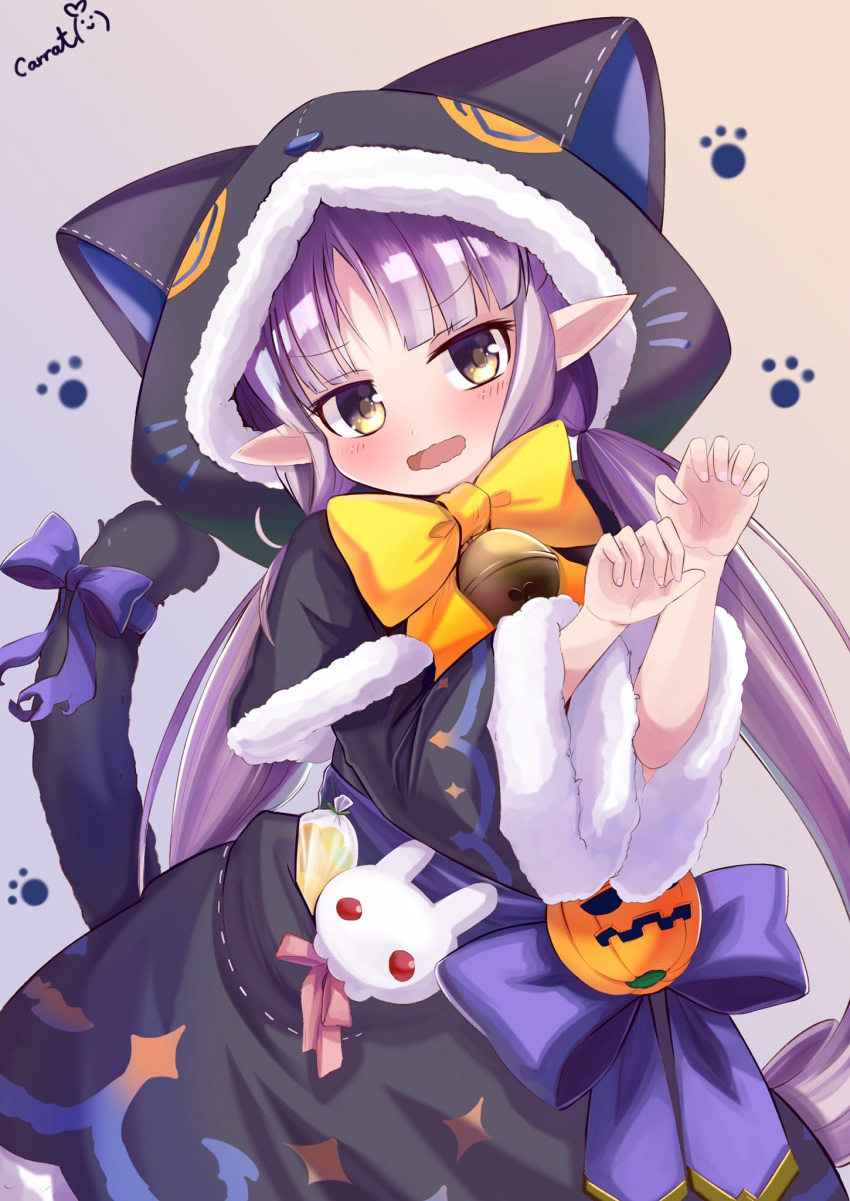 1girl animal_ears animal_hood bangs bell black_capelet black_jacket black_skirt blush bow brown_background brown_eyes capelet carrot_(jetcarrot) cat_ears cat_girl cat_hood cat_tail claw_pose commentary_request eyebrows_visible_through_hair fake_animal_ears fingernails fur-trimmed_capelet fur-trimmed_hood fur-trimmed_skirt fur-trimmed_sleeves fur_trim hands_up highres hikawa_kyoka hood hood_up hooded_capelet jack-o'-lantern jacket jingle_bell long_hair long_sleeves nail_polish open_mouth paw_background pink_nails pointy_ears princess_connect! princess_connect!_re:dive purple_bow purple_hair signature skirt solo tail tail_bow tail_raised twintails very_long_hair wavy_mouth wide_sleeves yellow_bow