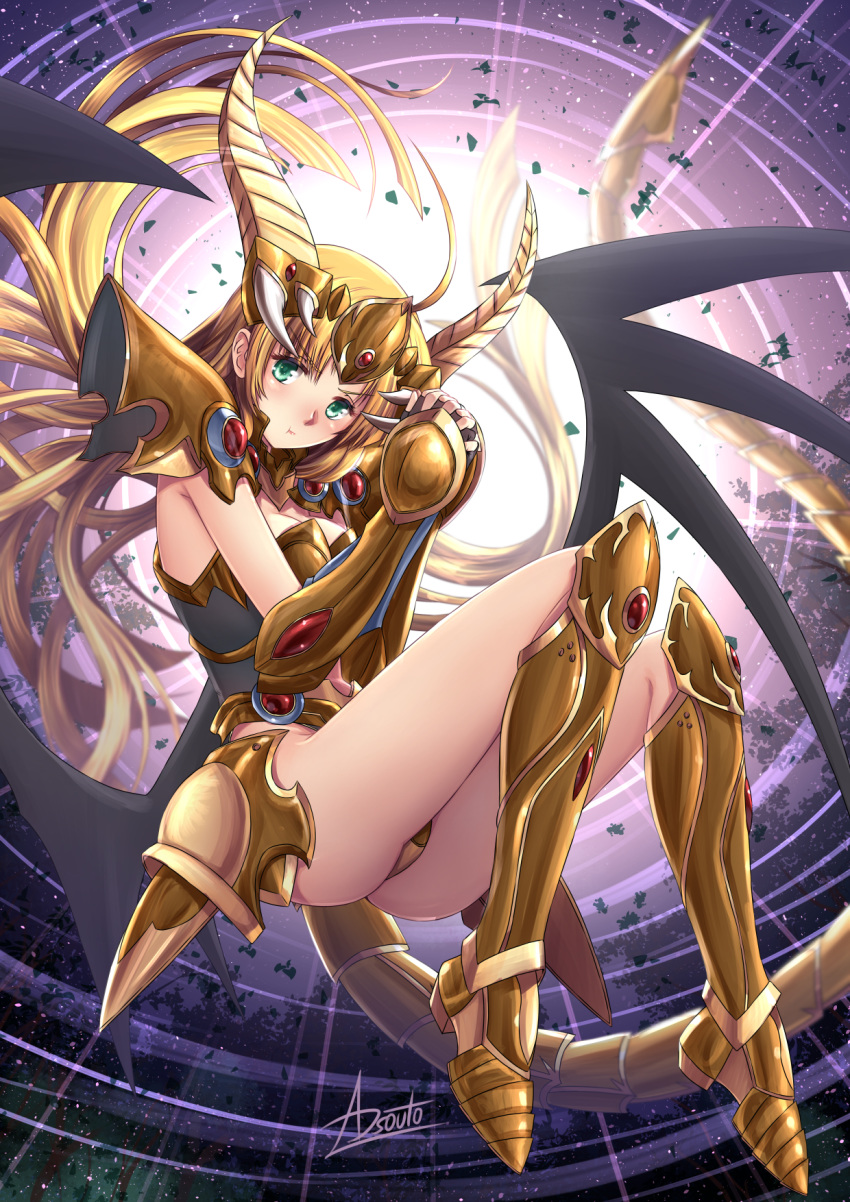 1girl adsouto ahoge armor armored_boots asia_argento ass backlighting bangs black_wings blonde_hair blush boots breasts cleavage elbow_gloves floating full_body gloves green_eyes hands_clasped headpiece high_school_dxd highres horns knee_boots leaf long_hair looking_at_viewer medium_breasts own_hands_together parted_bangs pauldrons revealing_clothes shoulder_armor signature sky solo strapless sunlight thighs vambraces very_long_hair wings yellow_footwear