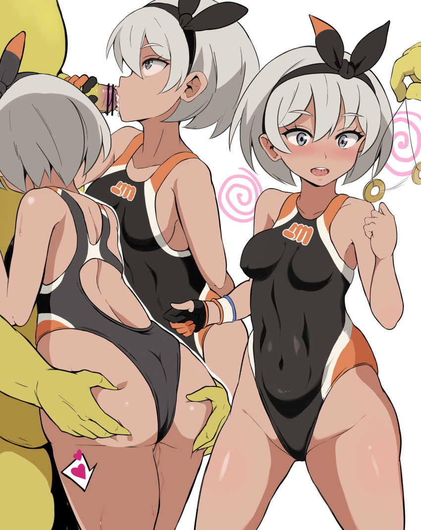 1boy 1girl absurdres ass ass_grab bar_censor bare_shoulders black_gloves black_hairband black_swimsuit blush censored collarbone commentary covered_navel cum dark_skin fellatio from_behind from_side gloves grey_hair gym_leader hairband handjob heart highres hypno hypnosis implied_kiss looking_at_another looking_up mind_control multicolored multicolored_clothes multicolored_swimsuit multiple_views open_mouth oral orange_gloves orange_swimsuit pendulum pokemon pokemon_(game) pokemon_swsh pussy_juice pussy_juice_trail saitou_(pokemon) short_hair simple_background single_glove spiral spoken_heart swimsuit two-tone_gloves verseir_001 white_background yellow_skin