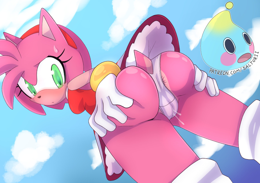 amy_rose anthro anus barely_visible_anus blush bodily_fluids camel_toe clothing cloud dress dripping eulipotyphlan female fur genital_fluids green_eyes hand_on_butt hedgehog hi_res mammal panties panty_shot pink_body pink_fur pussy_juice pussy_juice_drip saltorii sky sonic_(series) sweat underwear upskirt