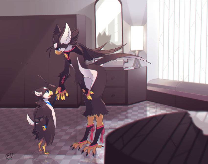 2019 4_toes 5_fingers anthro avian detailed_background digital_media_(artwork) duo fingers gryphon hi_res inside male rudragon toes