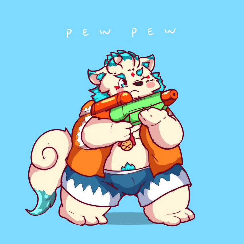 1:1 2019 agyou anthro asian_mythology black_nose blue_background blush clothing east_asian_mythology foo_dog hi_res humanoid_hands japanese_mythology komainu kusosensei male mammal mythology one_eye_closed overweight overweight_male pubes simple_background solo swimwear text tokyo_afterschool_summoners video_games wink yōkai