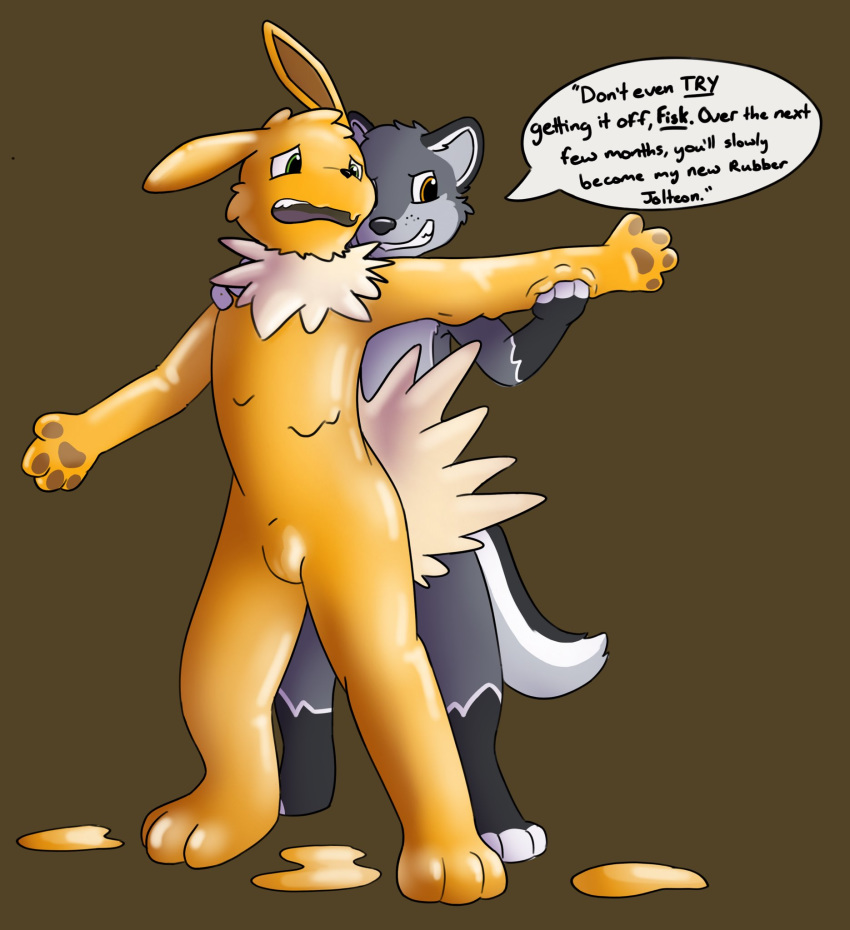 2019 3_toes 4_fingers animate_inanimate anthro black_body black_fur black_nose bulge canid canine canis dialogue digital_drawing_(artwork) digital_media_(artwork) duo eeveelution english_text fingers fisk_(character) fur glistening goo_transformation grey_body grey_fur hi_res jolteon liquid_latex male mammal markings multicolored_body multicolored_fur nintendo nude oliverwolf oliverwolf_(character) open_mouth pawpads paws pok&eacute;mon pok&eacute;mon_(species) rubber simple_background smile speech_bubble teeth text toes toony transformation video_games white_body white_fur wolf
