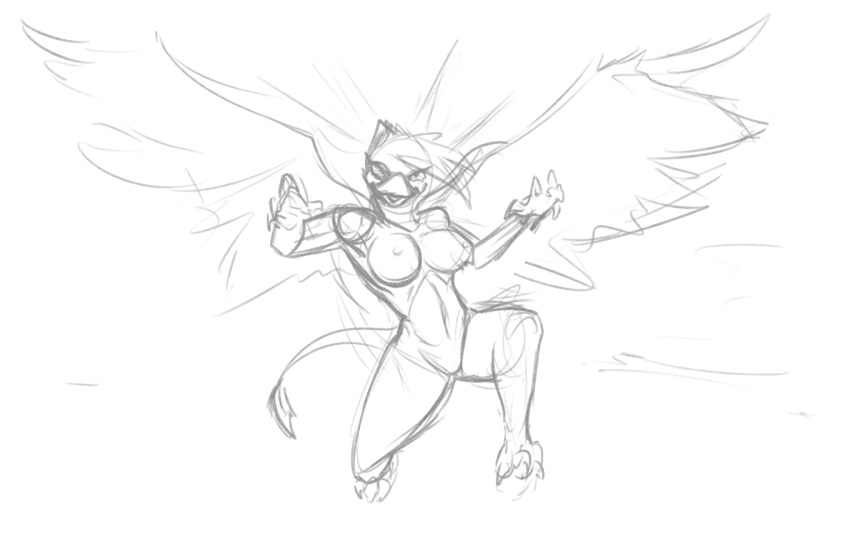 anthro anthrofied avian beak black_and_white breasts claws duplicitousmachine feathered_wings feathers female friendship_is_magic gilda_(mlp) gryphon looking_at_viewer monochrome my_little_pony nipples non-mammal_breasts solo wings