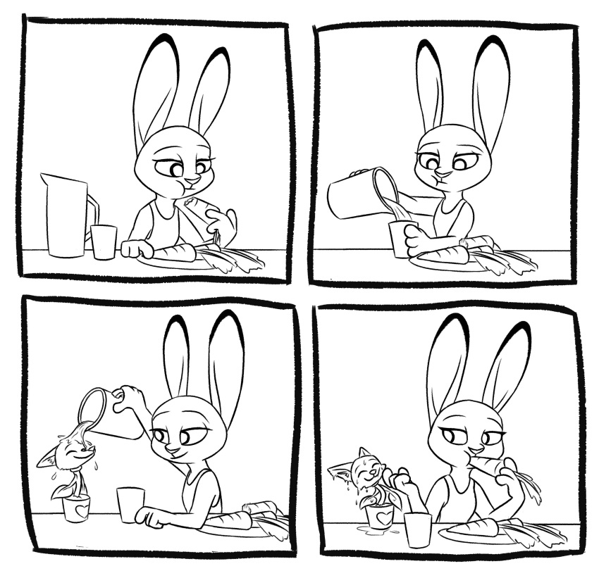 &lt;3 absurd_res anthro black_and_white carrot clothed clothing comic dipstick_ears disney duo eating flora_fauna food hi_res judy_hopps lagomorph leporid mammal monochrome multicolored_ears nick_wilde plant plate rabbit shirt simple_background smile tank_top theblueberrycarrots topwear vegetable water white_background zootopia