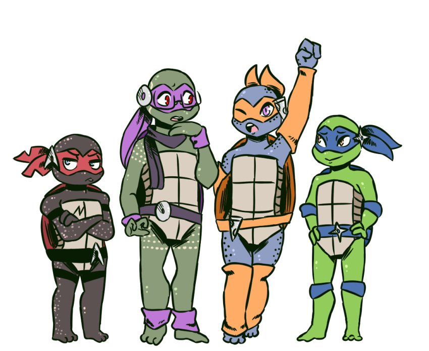 2019 ambiguous_gender ankle_band anthro arm_warmers armwear bandanna barefoot belt blue_eyes choker clothed clothing crossed_arms donatello_(tmnt) elbow_pads eyewear freckles glasses group hands_on_hips inkyfrog jewelry knee_pads leg_warmers legband legwear leonardo_(tmnt) mask michelangelo_(tmnt) mole_(marking) necklace one_eye_closed open_mouth orange_eyes pouting purple_eyes raised_arm raphael_(tmnt) red_eyes reptile scalie scarf shell simple_background smile standing teenage_mutant_ninja_turtles turtle white_background wristband
