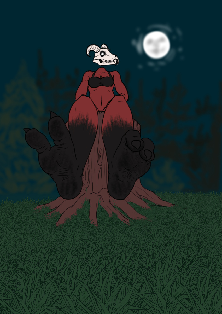 2_toes absurd_res black_nails bone clothed clothing colored_nails demon dirty_feet eira_(ydnn) feet female fire foot_focus hi_res log moon nails nuclearcheshire red_body red_skin simple_background skull soles solo toes wood