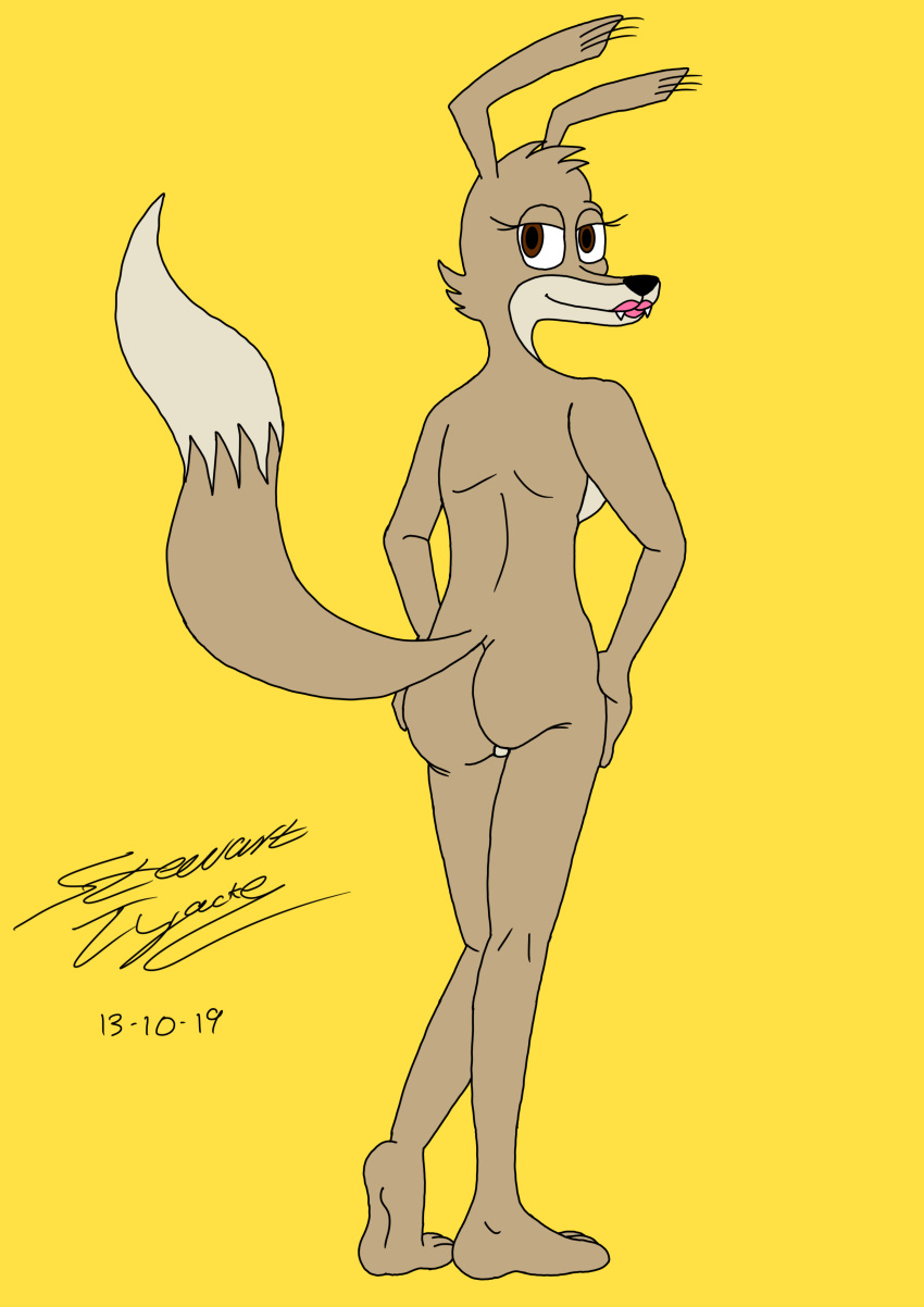 2019 absurd_res anthro blinky_bill_(series) breasts butt canid canine canis daisy_dingo digital_media_(artwork) dingo female half-closed_eyes hi_res lipstick looking_at_viewer makeup mammal nude presenting seductive signature smile solo stewarttyacke
