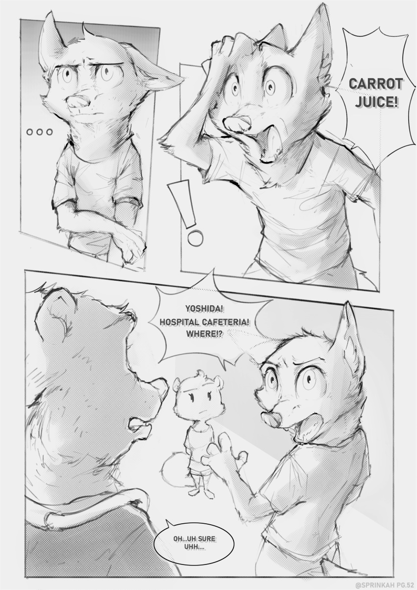 ! ... 2019 absurd_res ambiguous_gender anthro arm_tuft canid canine cheek_tuft clothed clothing comic dialogue disney elbow_tufts english_text face_tuft fox greyscale group head_tuft hi_res mammal monochrome nick_wilde rodent sciurid screentone speech_bubble sprinkah standing text tuft ursid zootopia