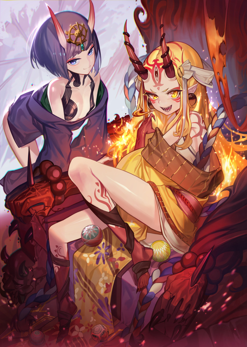 2girls ball beads blonde_hair bob_cut body_markings chromatic_aberration claws earrings eyeliner facial_mark fate/grand_order fate_(series) fingernails fire forehead_mark headpiece highres ibaraki_douji_(fate/grand_order) japanese_clothes jewelry kimono long_hair looking_at_viewer makeup mascara multiple_girls obi oni oni_horns open_clothes open_kimono open_mouth pointy_ears prayer_beads purple_eyes purple_hair purple_kimono red_skin revealing_clothes sash sharp_fingernails sharp_teeth sharp_toenails short_hair short_kimono shuten_douji_(fate/grand_order) sitting skin-covered_horns smile ssangbong-llama tattoo teeth toenails yellow_eyes yellow_kimono