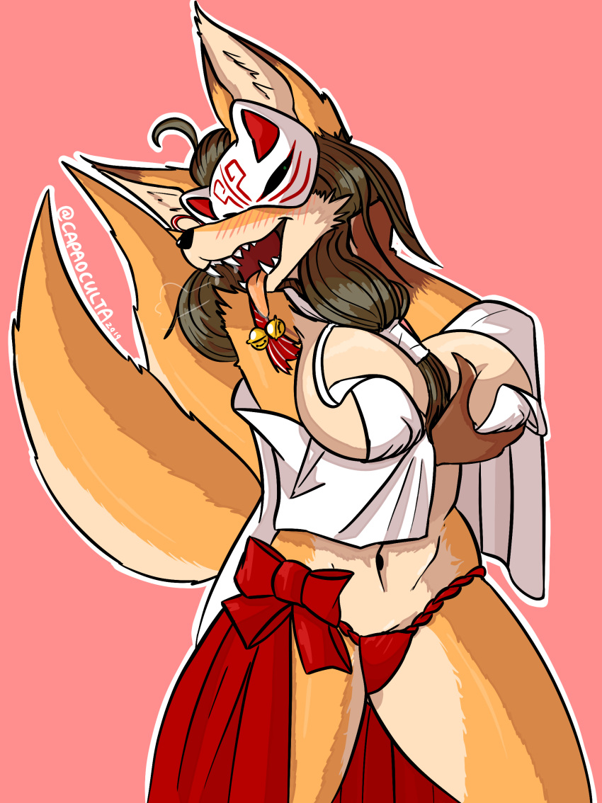 2019 2_tails absurd_res anthro black_hair blush breasts canid canine capaoculta_(artist) female fox fur hair hi_res long_hair mammal mask masked_fox_(kame_3) multi_tail orange_body orange_fur shrine_maiden signature simple_background smile solo squeezing_breast tongue tongue_out