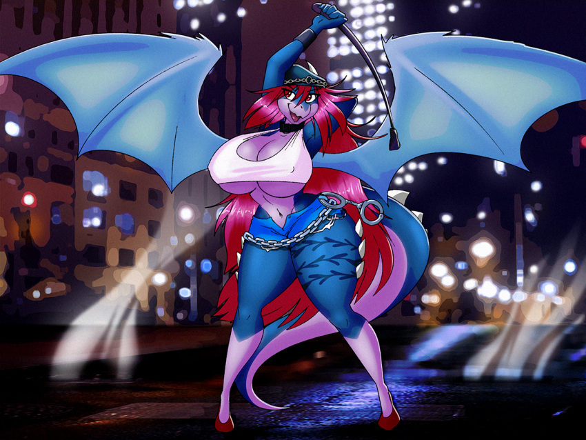 2019 4:3 anthro big_breasts bottomwear breasts chain clothing collar cosplay dracojeff dragon female final_fight hair handcuffs hat headgear headwear huge_breasts long_hair navel night nipple_outline open_mouth outside poison_(final_fight) red_hair riding_crop shackles shorts smile solo spread_wings standing storm_(jvdragoon) thick_thighs whip wide_hips wings