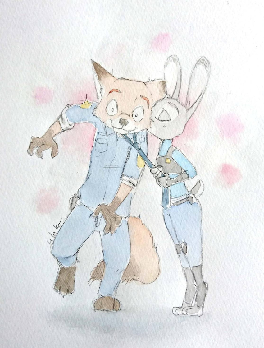 anthro anthro_on_anthro barefoot black_nose bottomwear canid canine claws clothed clothing dipstick_ears dipstick_tail disney duo eyes_closed fox fully_clothed fur gloves_(marking) grey_body grey_fur hi_res judy_hopps kissing_cheek lagomorph leporid mammal markings multicolored_ears multicolored_tail necktie nick_wilde painting_(artwork) pants police_uniform rabbit red_fox shirt simple_background standing surprise toeless_legwear topwear traditional_media_(artwork) ulako uniform watercolor_(artwork) white_background zootopia