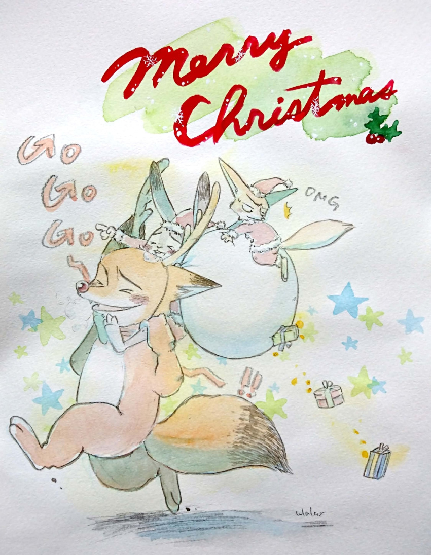 ! anthro blush bodily_fluids canid canine carrying christmas clothing cute_fangs disney english_text fennec finnick fox fur gift grey_body grey_fur group hat headgear headwear hi_res holding_object holidays judy_hopps lagomorph leporid mammal nick_wilde on_shoulders open_mouth open_smile orange_body orange_fur painting_(artwork) rabbit red_fox running santa_hat smile sweat sweatdrop tan_body tan_fur text traditional_media_(artwork) ulako watercolor_(artwork) zootopia