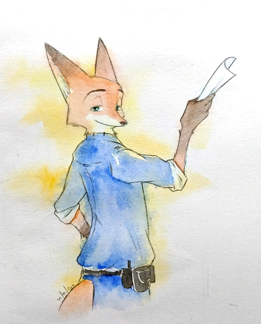 anthro bottomwear canid canine clothed clothing dipstick_ears disney fox fully_clothed fur green_eyes hi_res holding_object looking_at_viewer looking_back mammal multicolored_ears nick_wilde orange_body orange_fur painting_(artwork) pants red_fox shirt solo topwear traditional_media_(artwork) ulako watercolor_(artwork) zootopia