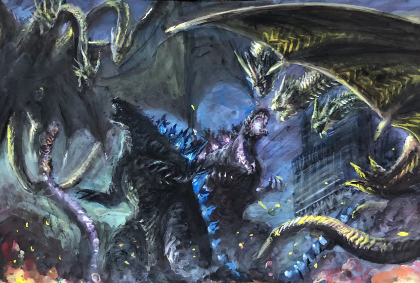 100megagna battle bioluminescence character_request city claws dragon dragon_horns dragon_wings dual_persona fangs ghidorah_(shin) giant_monster glowing glowing_mouth godzilla godzilla:_king_of_the_monsters godzilla_(2014) godzilla_(legendary) godzilla_(series) godzilla_(shin) highres horns kaijuu king_ghidorah king_ghidorah_(godzilla:_king_of_the_monsters) monster multiple_heads multiple_tails mutant no_humans open_mouth scales sharp_teeth shin_godzilla sky spikes spines tail teeth wings