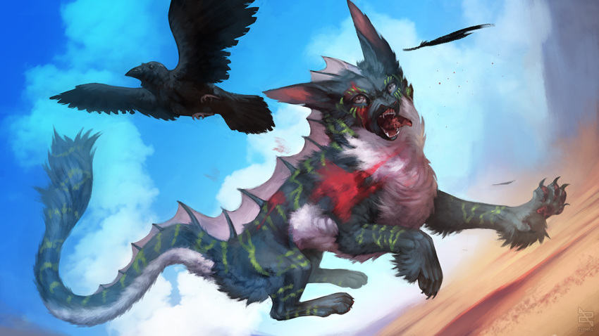 16:9 2019 4_toes ambiguous_gender avian bird black_body black_feathers claws day detailed_background digital_media_(artwork) feathered_wings feathers feral flying open_mouth outside pawpads paws sky standing teeth toes tongue unknown_species wings zephra