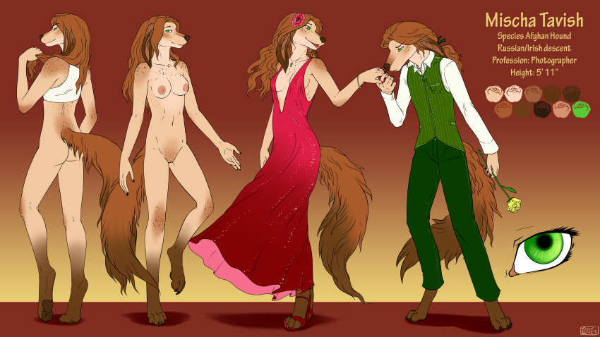 16:9 absurd_res breasts canid canine canis clothing domestic_dog dress female freckles front_view green_eyes hair hi_res iggi mammal mischa_tavish rear_view red_hair