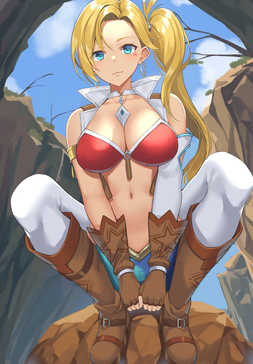 1girl absurdres aqua_eyes between_legs blonde_hair blue_shorts boots breasts brown_footwear brown_gloves brown_vest calamity_jane_(fate/grand_order) cropped_vest earrings elbow_gloves fate/grand_order fate_(series) fingerless_gloves full_body gloves hand_between_legs highres hoop_earrings jewelry medium_breasts phano_(125042) red_bikini_top short_shorts shorts side_ponytail single_elbow_glove solo squatting star_tattoo tattoo thighhighs vest white_gloves white_legwear