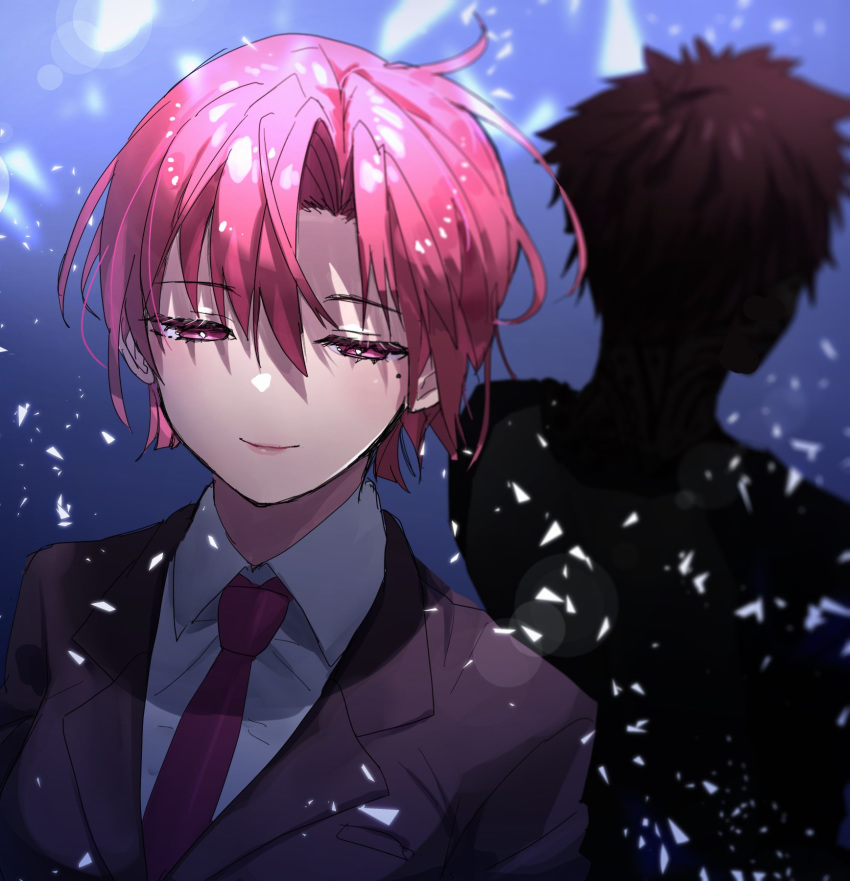 1boy 1girl avenger bazett_fraga_mcremitz breasts earrings emiya_shirou fate/hollow_ataraxia fate_(series) formal fragarach gloves half-closed_eyes highres jewelry long_sleeves mole mole_under_eye necktie orange_hair pant_suit purple_eyes purple_hair raglan_sleeves red_eyes red_hair shirt short_hair smile suit tattoo yuzouni