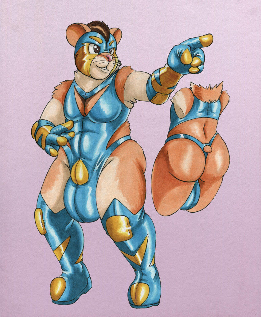 2019 absurd_res anthro big_butt butt clothing cricetid dcheese fur hair hamster hi_res male mammal mask rodent rubber short_stack simple_background solo sudo thick_thighs wide_hips wrestler wrestling