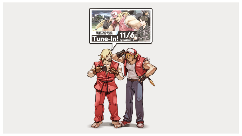 2boys absurdres adjusting_clothes adjusting_hat barefoot black_gloves blonde_hair cellphone denim dougi fatal_fury fingerless_gloves gloves hat highres jeans ken_masters long_hair male_focus multiple_boys nin_nakajima pants phone red_vest sakurai_masahiro shirt shoes smartphone sneakers standing street_fighter super_smash_bros. terry_bogard vest white_shirt