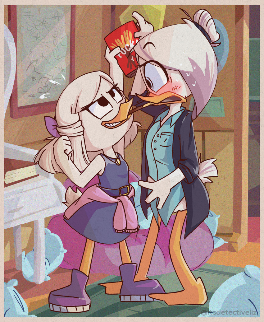 anatid anseriform avian bird blush clothing disney duck ducktales ducktales_(2017) duo eating female female/female food hi_res itsdetectiveliz lena_(ducktales) pocky webby_vanderquack