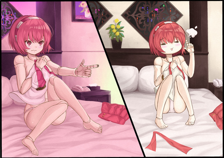 1girl =3 =_= barefoot bed bed_sheet blush closed_eyes closed_mouth collarbone commentary commentary_request dorothy_haze eyebrows_visible_through_hair finger_cannon furrowed_eyebrows hairband holding_shirt multiple_views numazume on_bed open_mouth panties phone plant pleated_skirt potted_plant red_eyes red_hair red_skirt robot_joints shirt_removed short_hair sitting skirt skirt_removed tears tissue tissue_box topless underwear va-11_hall-a wavy_mouth white_pillow