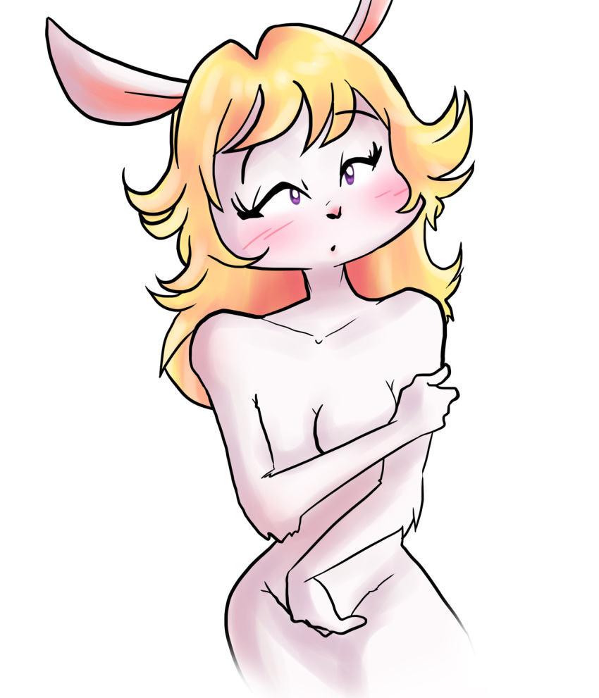 :o abril_hime anthro blonde_hair blush breasts convenient_censorship embarrassed female fur hair hi_res lagomorph leporid long_ears long_hair looking_at_viewer mammal mosca_juanin nude pichigani pink_nose purple_eyes rabbit simple_background solo standing toony white_background white_body white_fur