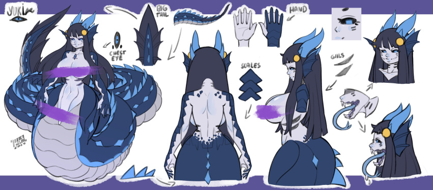 2019 absurdres backboob black_sclera blue_eyes blue_tongue breasts censored character_sheet commentary commission dragon_girl fangs fins forked_tongue gills hair_ornament head_fins highres horns lamia large_breasts light_smile lokigun long_hair monster_girl multiple_views open_mouth original scales sharp_teeth tail_fin teeth tongue webbed_hands
