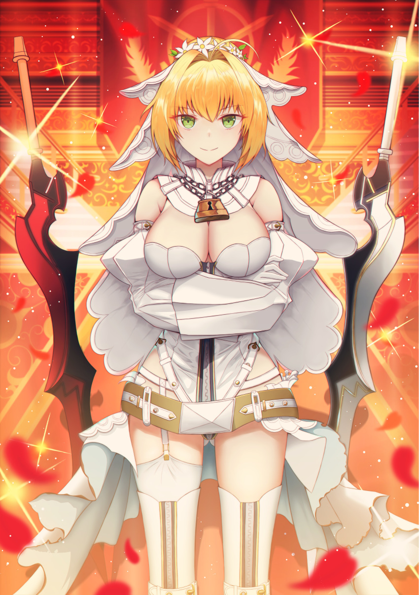 breast_hold cleavage fakegeo fate/grand_order leotard saber_bride saber_extra stockings sword thighhighs